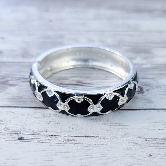 Vintage Hinged Bracelet Black & Silver Tone with Clear Gems - Picture 5 of 7